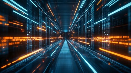 Fototapeta premium Vibrant server room filled with illuminated racks showcasing advanced technology and data flow in a modern data center during nighttime. Generative AI