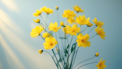 Fototapeta premium Bouquet of yellow flower on pastel blue background