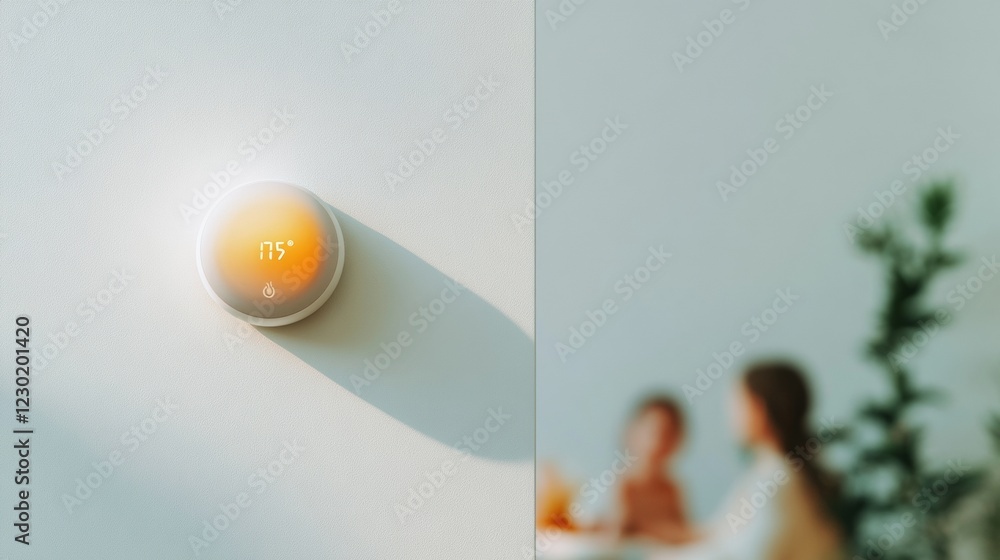 Poster minimalist smart thermostat display on white wall energy management and efficiency for modern smart 