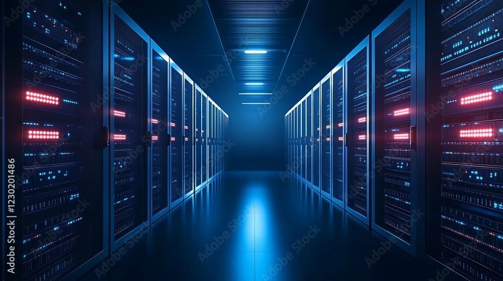 Poster spectacular view of a modern server room illuminated by vibrant lights and lined with sleek server r