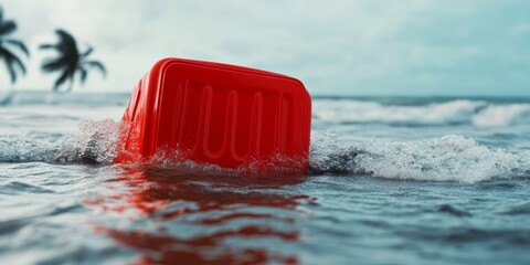 Coastal Flooding Alert Imagery Vibrant Red Warning Sign Partially Submerged in Ocean Waves - Emergency Preparedness Visuals and Crisis Management Content