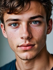 A close-up portrait of a young man with curly hair and blue eyes and looking directly at the viewer