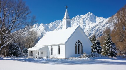 A white church in the foreground, snow-covered mountains in the background