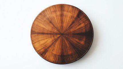 A circular wooden tabletop with radial grain lines emanating from the center displayed on a white background top view highlighting unique patterns futuristic tone complementary col