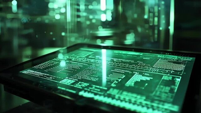 Focus on a tablet illuminated by overhead lights featuring a digital report on the environmental advantages of reshoring showing clear data points and a green color theme with snippets