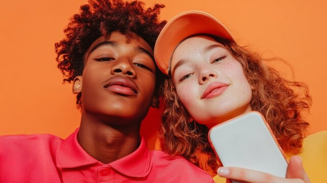 Vibrant Urban Selfie Diverse Youth in Colorful Apparel Against Bold Orange Backdrop - Contemporary Social Media Content and Fashion Branding for Gen Z Engagement