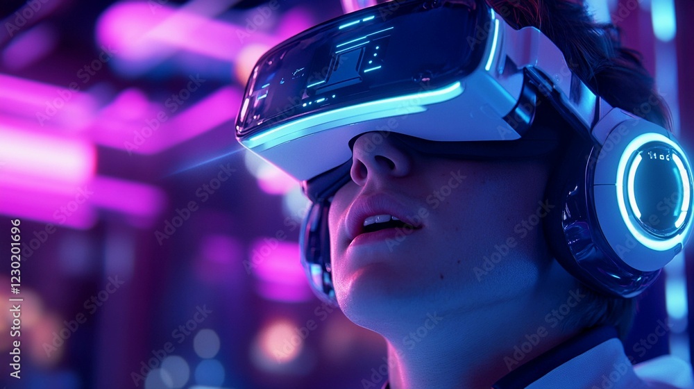 Poster young man experiences immersive virtual reality in a colorful modern setting during an evening gamin