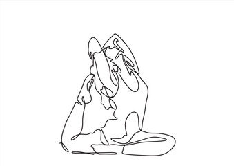 Continuous line drawing of a woman in a yoga pose, representing relaxation and fitness. Vector art focused on health and meditation, isolated on a white background.	