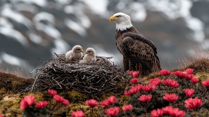 Majestic Bald Eagle Standing Guard Over Nest of Chicks