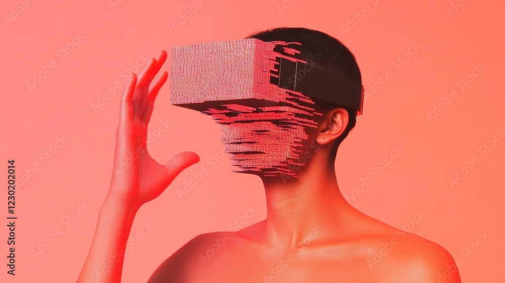 Poster Futuristic Glitch Art VR Experience Person in Fragmented Pixels With Digital Overlays - Innovative Virtual Reality Marketing for Tech and Digital Art Industries