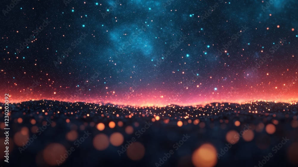 Poster a stunning cosmic landscape with a gradient of deep blues and oranges, dotted with glowing lights, c