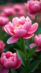 Obraz premium Soft pink petals unfolding in a colorful peony garden, blooming, flower fields