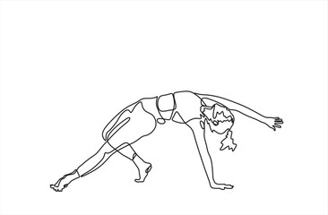 Continuous line drawing of a woman in a yoga pose, representing relaxation and fitness. Vector art focused on health and meditation, isolated on a white background.	