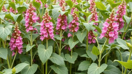 Soybean plants in full bloom with pink flowers and green leaves, botanical images, flowering plants