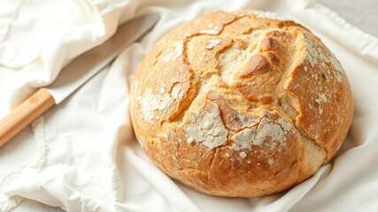 Sourdough boule bread resting on a clean white cloth with a rustic knife beside it, bread, boule