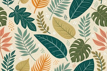Colorful Tropical Leaves Pattern Illustration