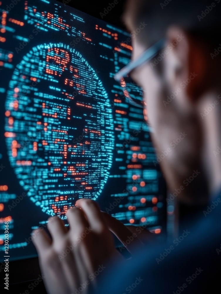 Aufkleber Cybersecurity in Focus Man Analyzing Digital Code on LED Screen - Cutting-Edge Data Protection for Tech Industries and Safe Digital Interactions