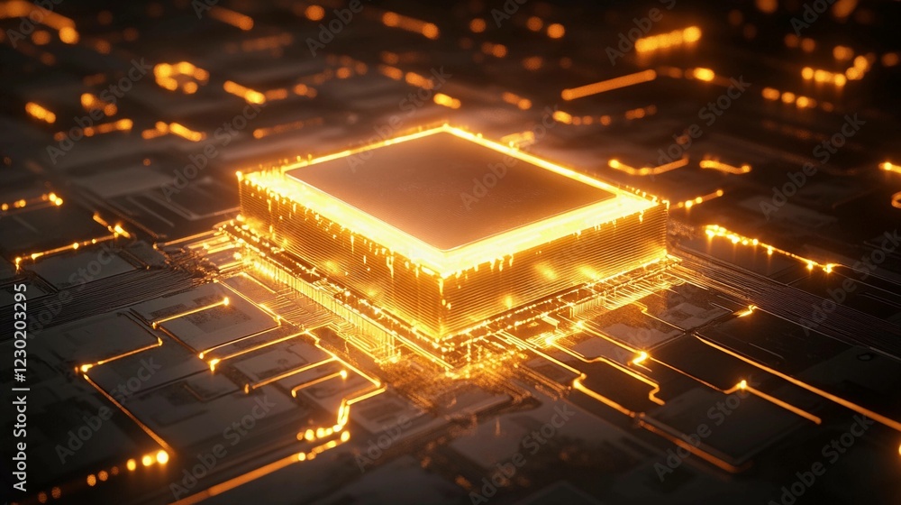 Poster quantum processor emitting a glowing light in a futuristic environment with intricate circuitry and 