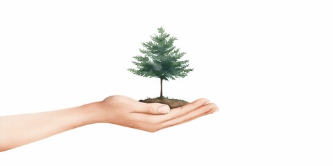 Earth day watercolor concept. A hand cradles a small tree symbolizing care for nature and environmental responsibility.