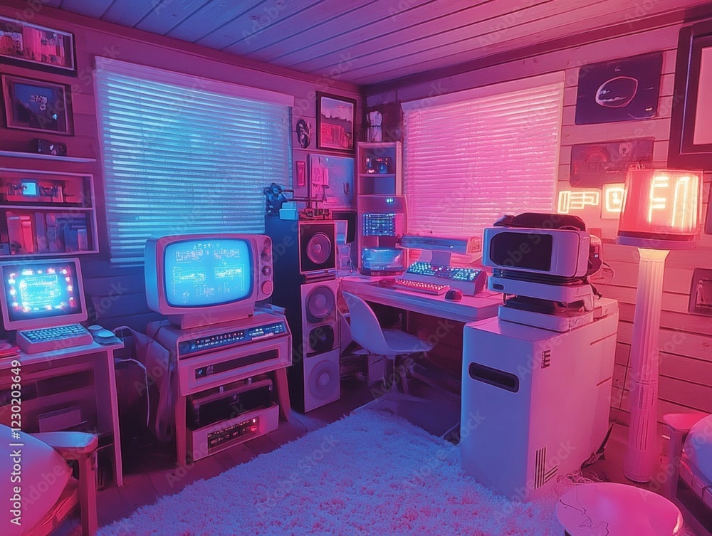 Poster retro-futuristic vr experience neon-lit gaming console and vr setup in wooden studio - immersive dig