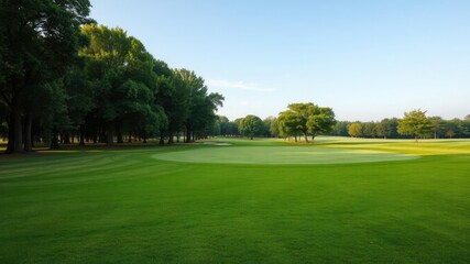 Lush green grass and mature trees surrounding a pristine golf course, outdoor, serene, peaceful
