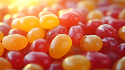 Close-Up of Red and Orange Gummy Candies with Bright Backlighting