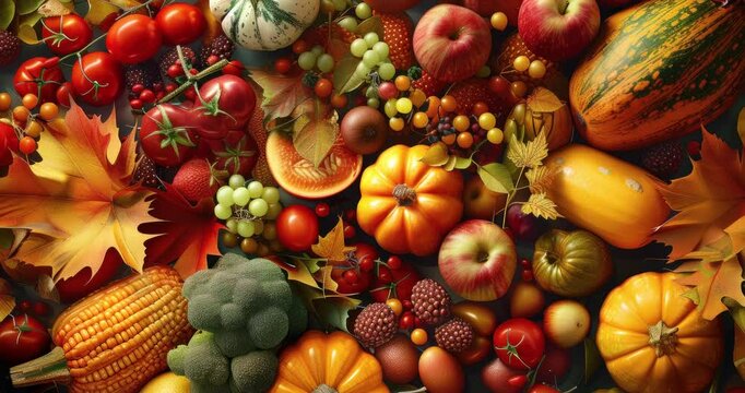 vibrant autumn fruits pumpkins apples lemons colorful leaves fall colors aerial view close-up