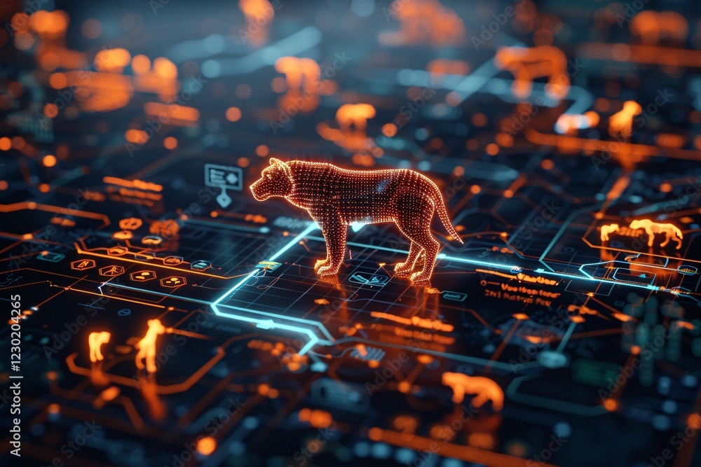 Fototapete a tiger is visualized in glowing orange lines on a high-tech digital interface. the background featu