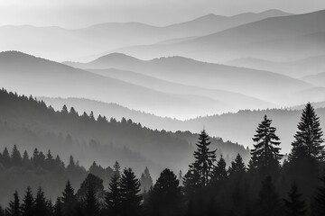 Fototapeta premium Minimalist Mountain Landscape Illustration in Black and White