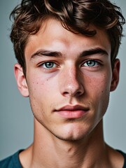 Fototapeta premium A close-up portrait of a young man with curly hair and blue eyes and looking directly at the viewer