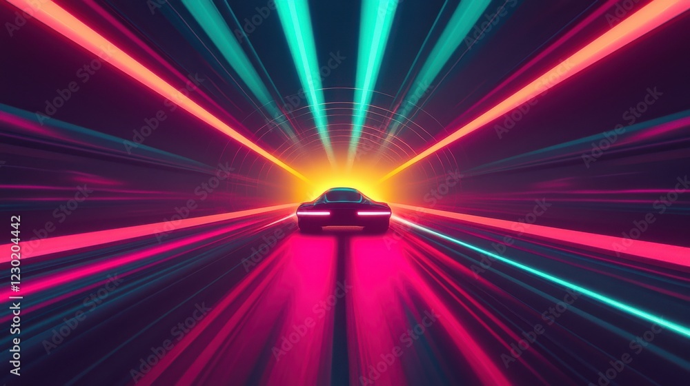 Poster a vibrant, futuristic scene depicting a car speeding through a neon-lit tunnel with colorful light r