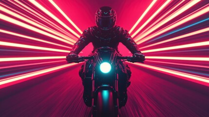 A dynamic motorcycle rider speeds through vibrant neon lights, creating a sense of motion and energy in a futuristic atmosphere.