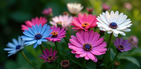 Fototapeta premium A bouquet of mixed colored cornflowers with shades of pink, blue, and white blooms in a rustic flowerbed, foliage, nature