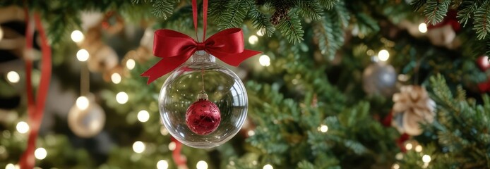 Macro shot of a single glass ball hanging from the branch of a decorated Christmas tree with red ribbon, holiday decor, sparkling details