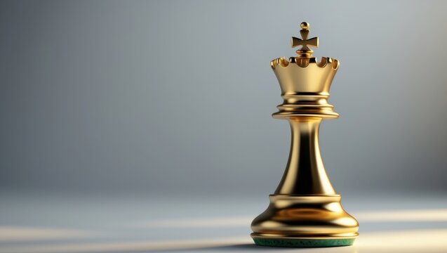 Shiny gold chess king piece in a close up low angle composition highlighting the elegance power and strategy of the game of chess.