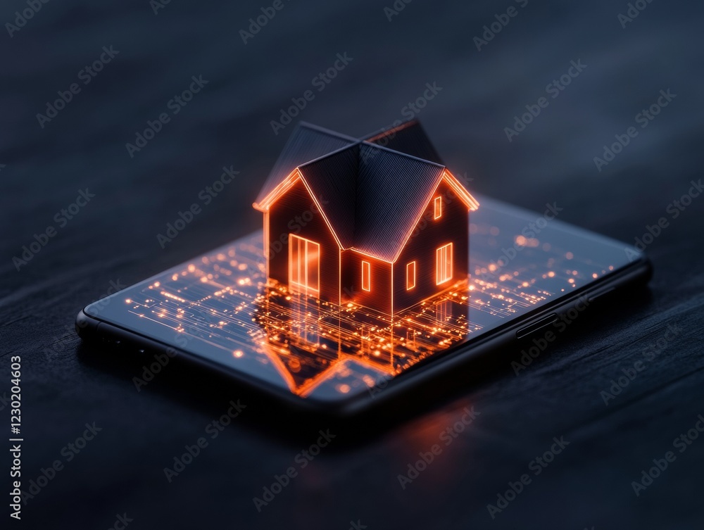 Aufkleber Futuristic Smart Home Visualization Digital Interface Displaying IoT-Connected House on Sleek Smartphone - Modern Tech for Seamless Connectivity in Home Automation Solutions