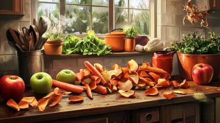 Rustic kitchen window, fruit, vegetable peels, cooking prep