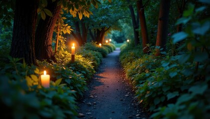 A candlelit garden path winds through overgrown vegetation, evening, shadows