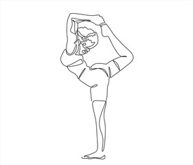 Continuous line drawing of a woman in a yoga pose, representing relaxation and fitness. Vector art focused on health and meditation, isolated on a white background.	