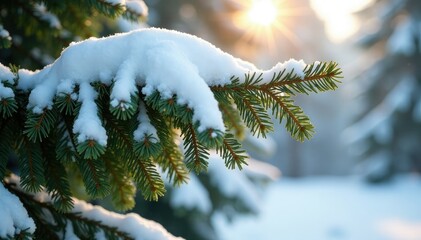 A fir tree's branches are heavy with melting snow in direct sunlight, showcasing its strength, winter, snow-covered, fir tree