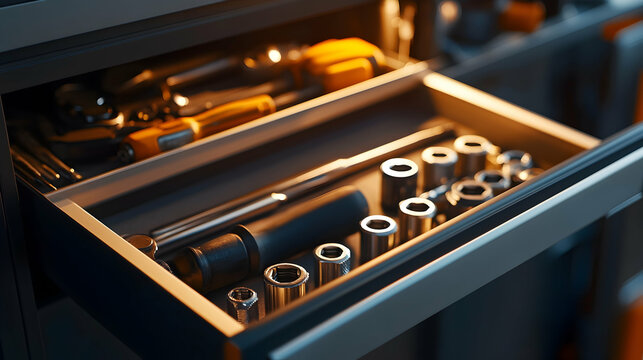 Close-up of a tool chest drawer pulled open to reveal an organized assortment of industrial tools under soft lighting