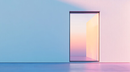 A minimalist trapezoidal window with frameless glass panels set on a white wall front view showcasing modern angles scifi tone colored pastel