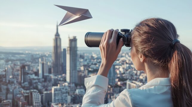 Businesswoman Observing Cityscape with Binoculars and Paper Airplane