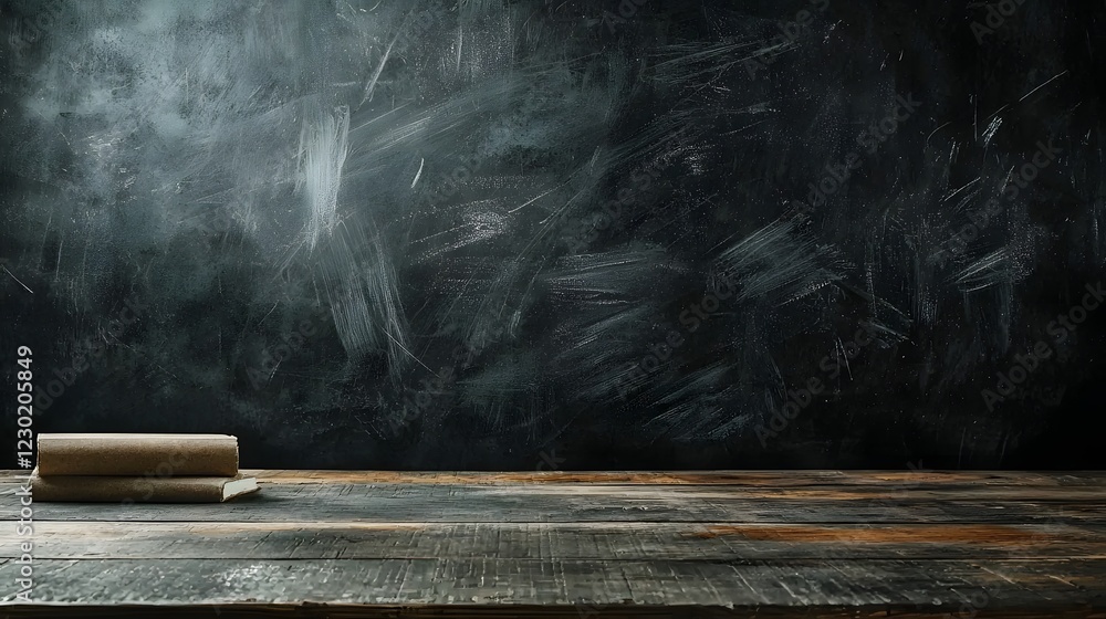 Poster vintage chalkboard or blackboard with chalk marks textbooks and school supplies in an empty classroo