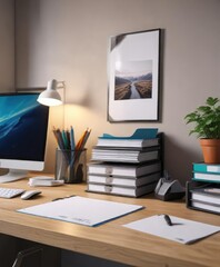 Minimalist desk with neatly arranged files and folders, clutter free, minimalism