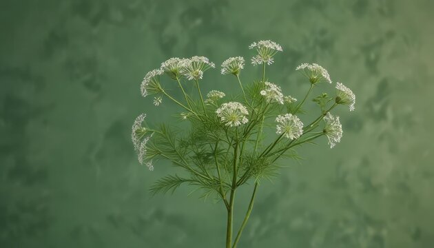 Minimalistic composition of a white dill peduncle on green background, minimalistic, green, fresh