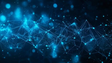 Cybersecurity technology and digital data protection abstractly depicted. Shield an internet network connection with polygons, dots, and lines, set against a dark blue background with central focus