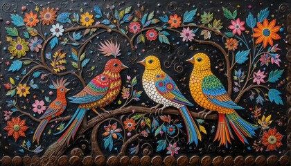 Fototapeta premium Brightly colored traditional Gond folk art from India of vibrant birds perched on branches surrounded by lush foliage, with a textured, earthy background