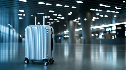A premium aluminum suitcase with a scratchresistant finish displayed under dramatic lighting in an airport terminal front view highlighting durability futuristic tone monochromatic