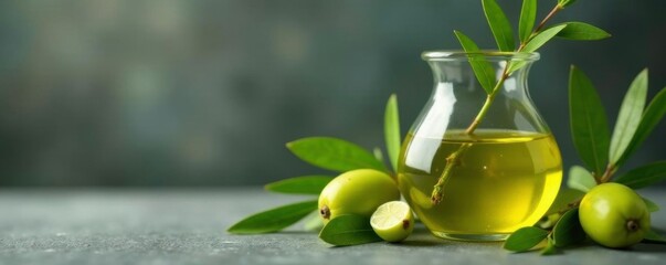 Vaso de vidrio lleno de aceite de oliva con aceitunas frescas y hojas sobre fondo gris, green, pure, leafy